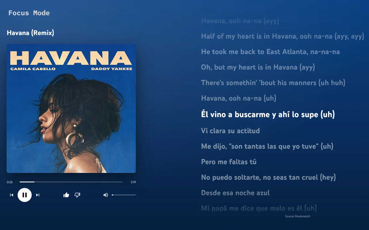 Verso focus mode with the album cover, playback controls and synced lyrics